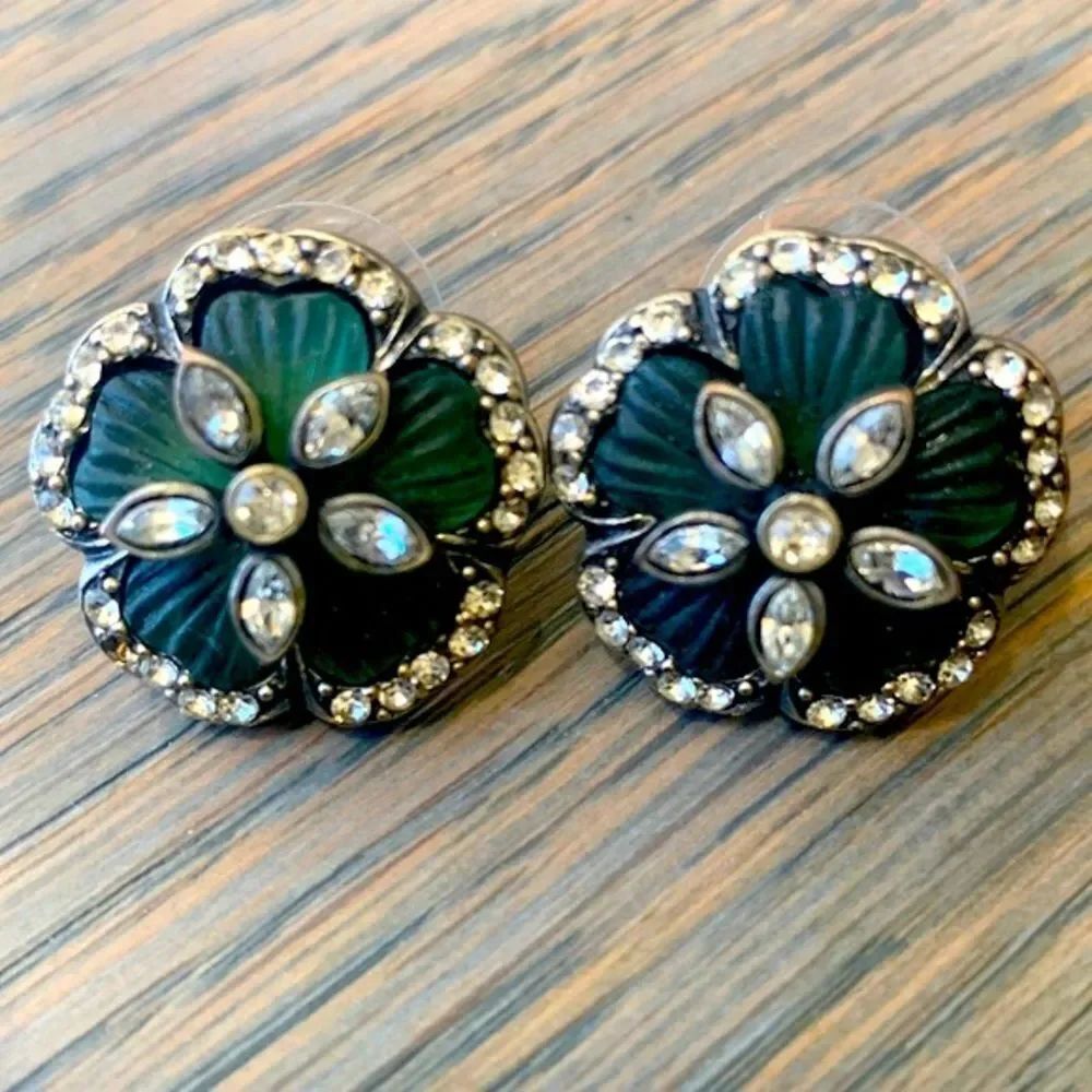 Vintage Floral Button Earrings – Art Deco Victorian Style with Crystals